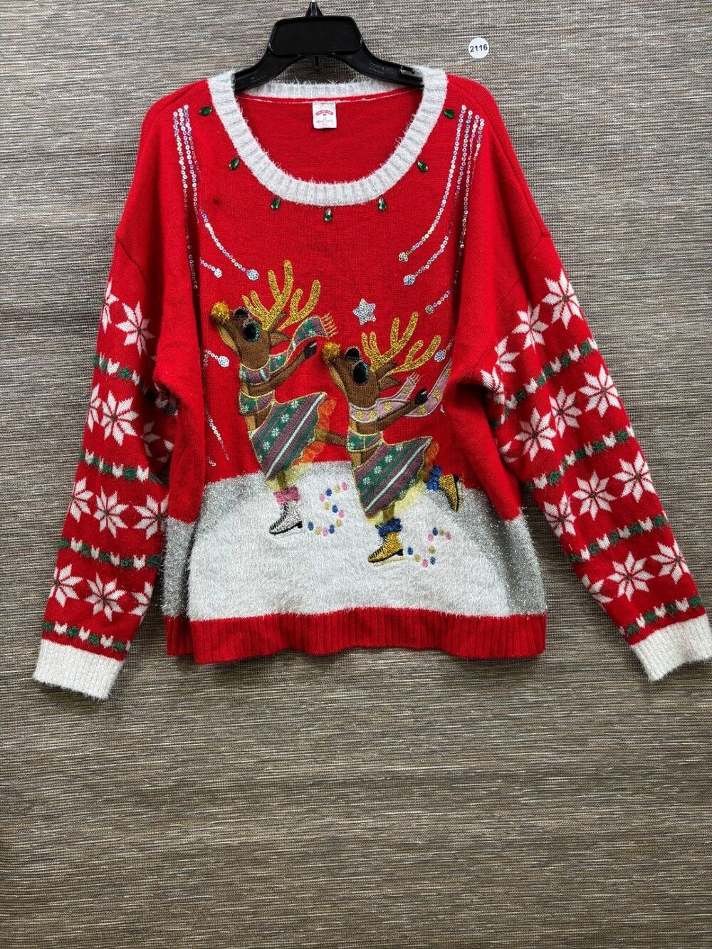 Holiday Time Women's Ugly Christmas Sweater Ice Skating Reindeer Size 2X Red